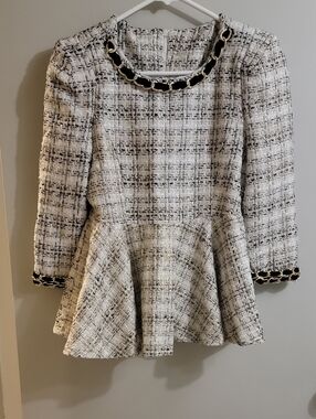 Tweed Peplum Dress with Gold Chain Trim - White & Black